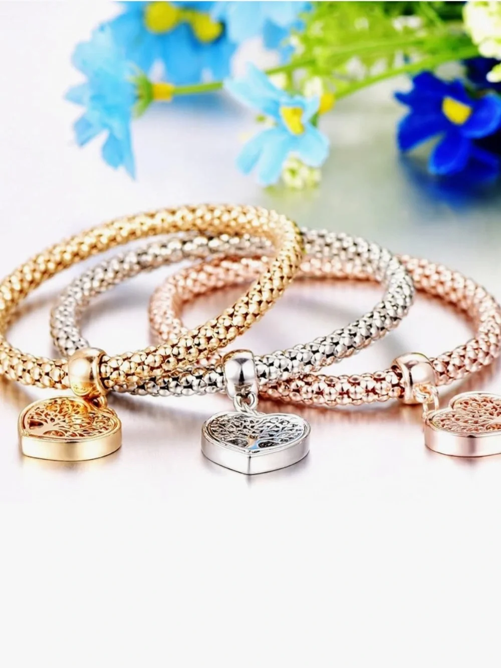 Anthropologie Three-Tone Heart Tree Charm Bracelet — Gold, Silver & Rose Gold